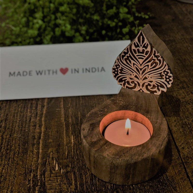 Motif 1 - Wood Printing Block Tea Light Holder - Made with Love in India