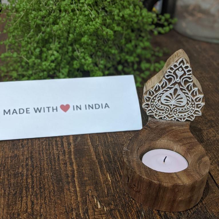 Motif 2 - Wood Printing Block Tea Light Holder - Made with Love in India