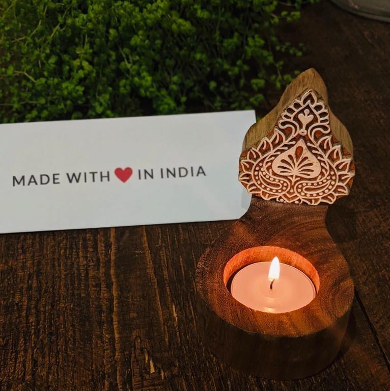 Motif 2 - Wood Printing Block Tea Light Holder - Made with Love in India