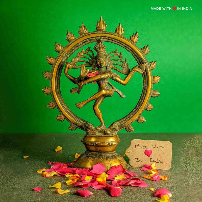 Natraj Murti - Dancing Shiva - Nataraj Brass Statue with an antique finish - 10 inches - Made with Love in India