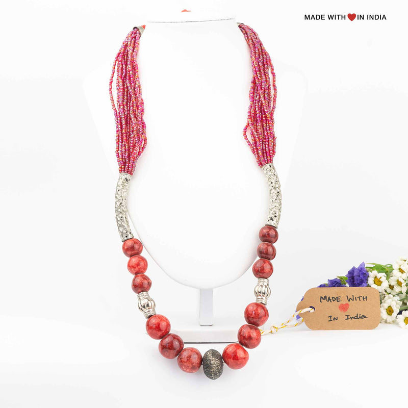 Blue Pottery Beaded Necklace with Filigree accents - Red