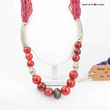 Blue Pottery Beaded Necklace with Filigree accents - Red