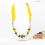 Blue Pottery Beaded Necklace with Filigree accents - Yellow