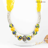 Blue Pottery Beaded Necklace with Filigree accents - Yellow