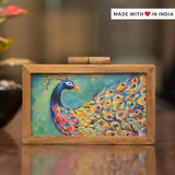 Pihu — Painted Peacock Silk Designer Clutch Bag in Mango Wood