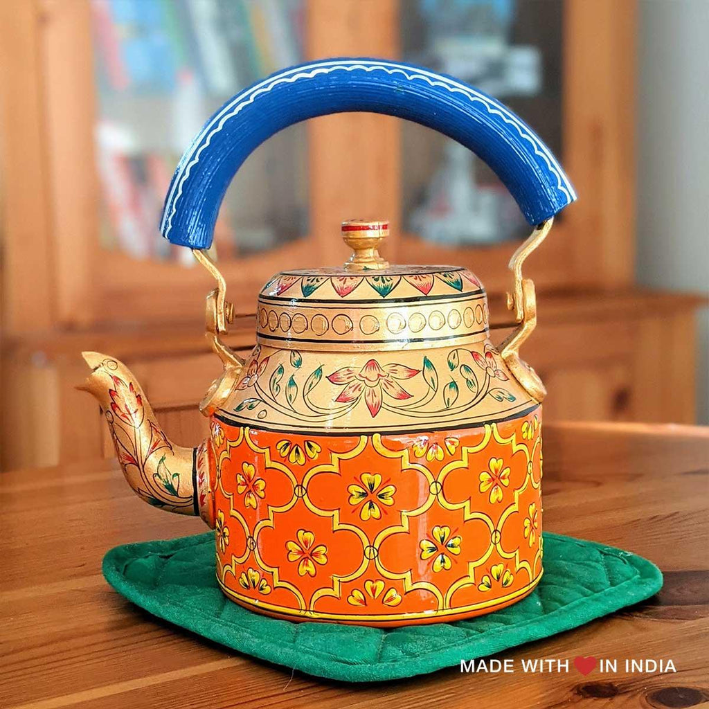 Rohira - Hand Painted Chai Kettle Teapot in Orange, Gold, & Blue