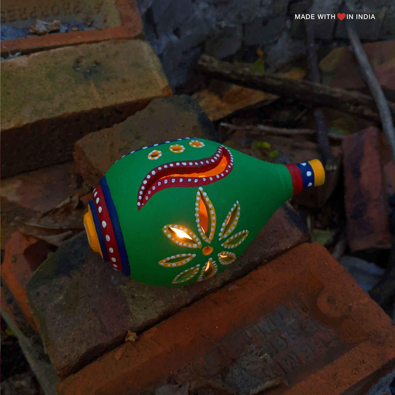 Terracotta Diya/Tealight Lantern -Green Conch - Made with Love in India