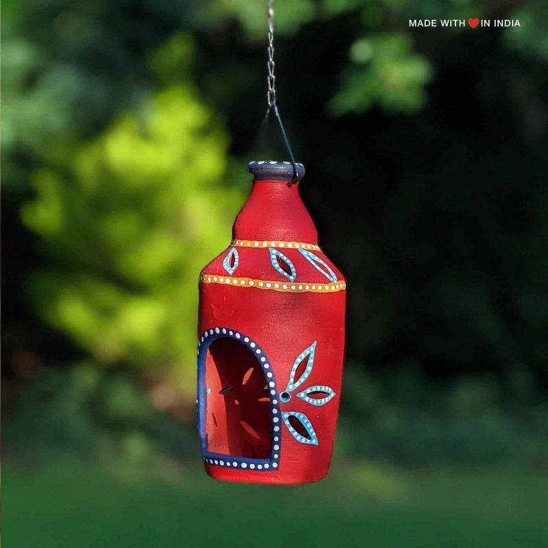 Terracotta Diwali Diya, Hanging Garden Lantern - Red Bottle - Made with Love in India