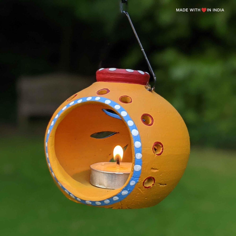 Terracotta Diwali Diya, Hanging Garden Lantern  - Yellow Globe - Made with Love in India