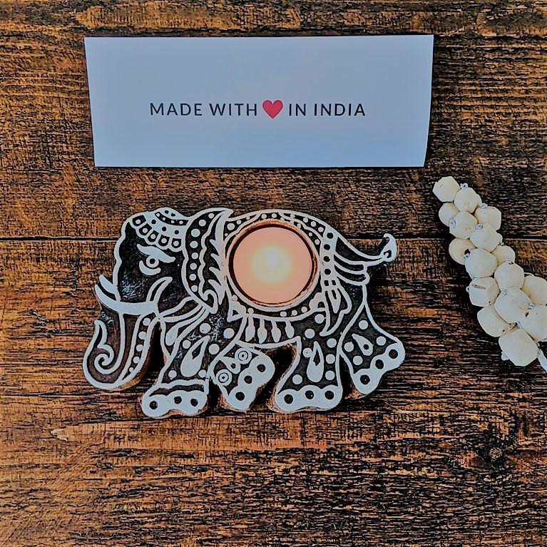 The Majestic Elephant - Wood Printing Block Tea Light Holder - Made with Love in India