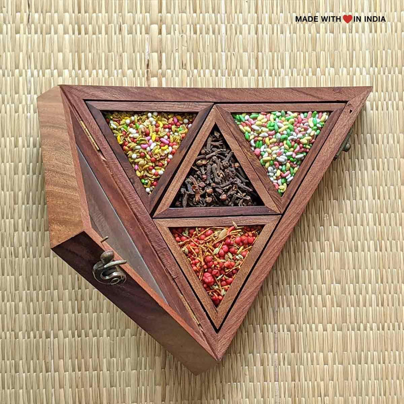 Triangle Handcrafted Wooden Spice Box Masala Dabba with Glass Lid & Spoon - Made with Love in India
