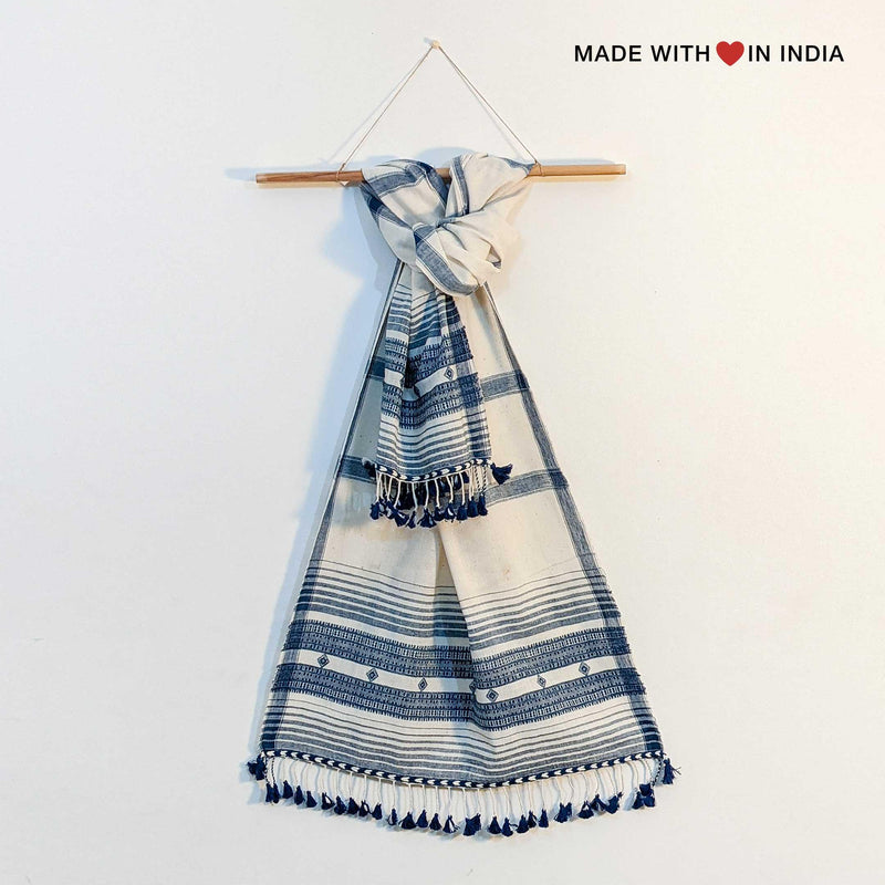 Wagad — Handmade Indigenous Khaadi Cotton Scarf in Ivory & Indigo - Made with Love in India