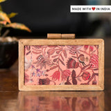 Wildflower — Coral Pink Printed Silk Designer Clutch Bag in Mango Wood