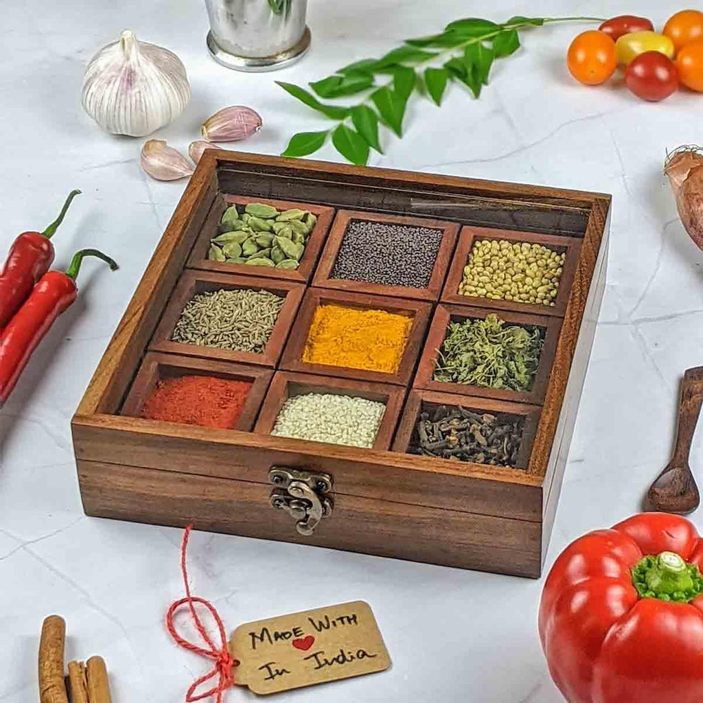 Wooden Masala Dabba Spice Box with Glass Lid — Square 8, 10, 12 inch