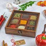 Handcrafted Wooden Spice Box Masala Dabba with Glass Lid — 8 inch, 10 inch, 12 inch